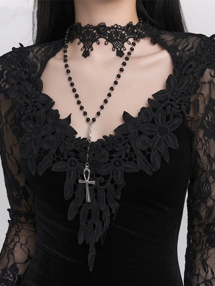 Gothic Black Cross Pendant Beaded Necklace