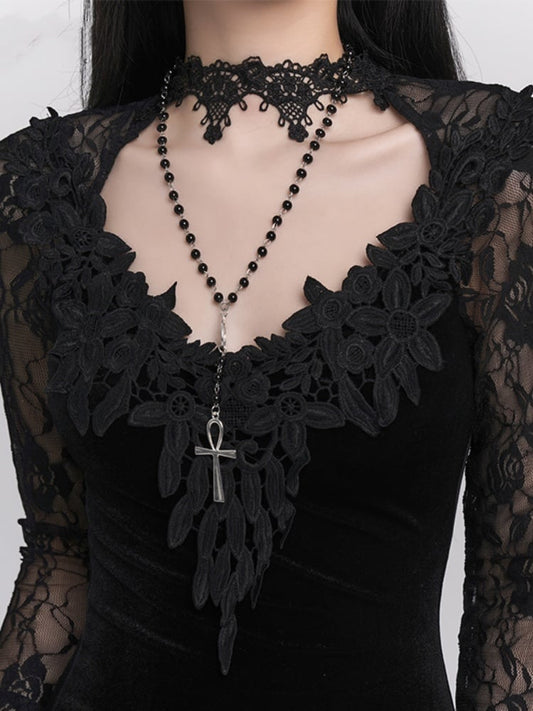 Gothic Black Cross Pendant Beaded Necklace