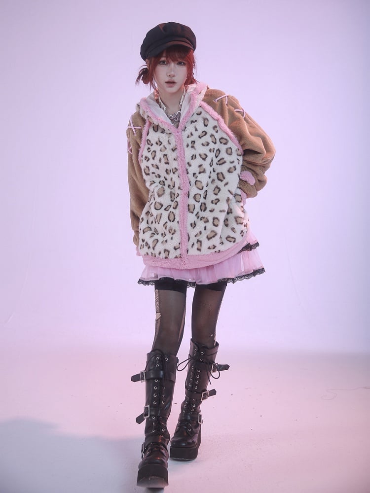 Braune und rosafarbene Plüschjacke mit Kapuze und Kätzchenohren im Leopardenmuster