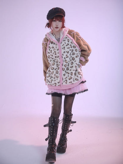 Braune und rosafarbene Plüschjacke mit Kapuze und Kätzchenohren im Leopardenmuster