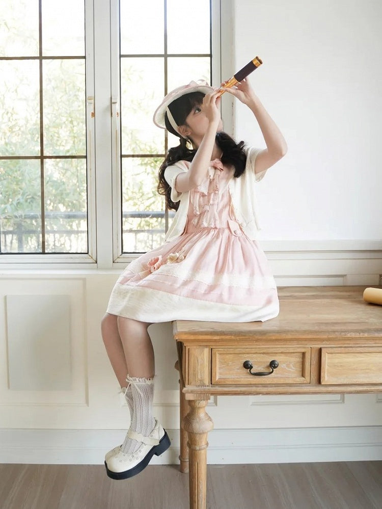 Trims Lolita Accent Beige Pink with Lace Dress and Collar Sailor Bow