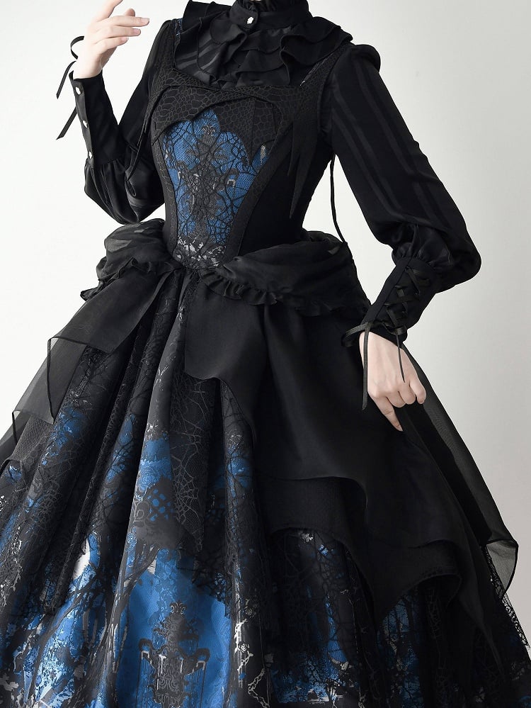 Blue with Layered Dress Irregular Lolita Gothic Overlay JSK Black