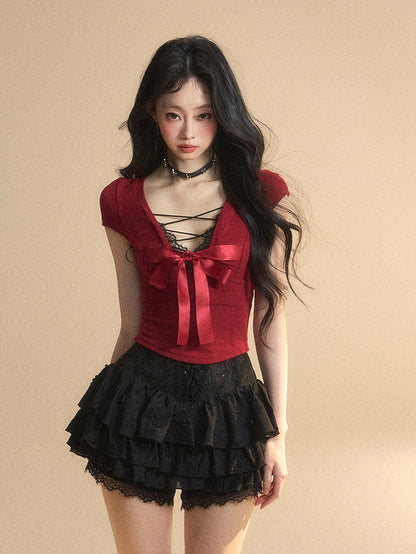 Red Lace Big Bow Slim-fitting Back T-Shirt Trim V-Neck Cutout