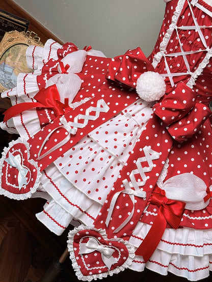 and Puff Dress Dot Sleeves School Polka Lolita Neck with Old Red Accents Halter Bow
