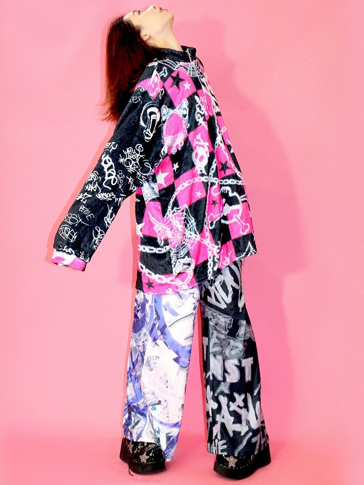 Und Skelett Karierte Krone Y2K Print Stern Oversize Muster Sweatshirt Schwarz