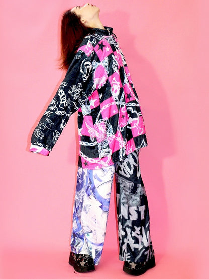 Und Skelett Karierte Krone Y2K Print Stern Oversize Muster Sweatshirt Schwarz