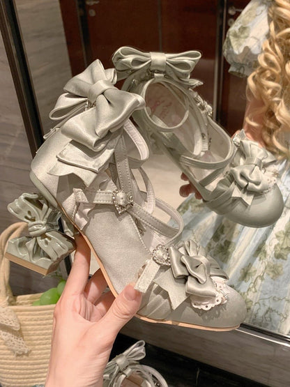 Light Green Sweet Lolita Round Toe Shoes with 8cm Bowknot High Heel - Aimee
