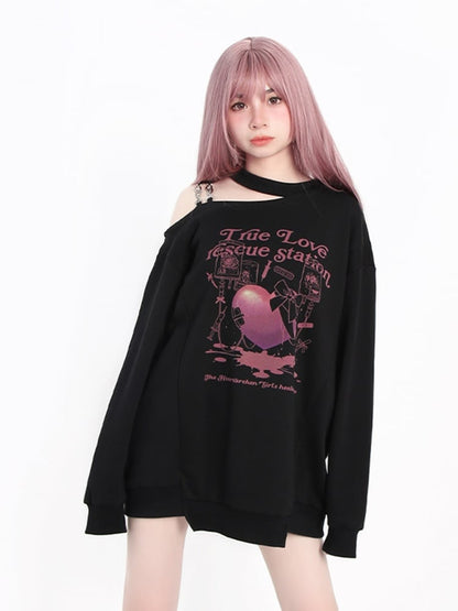 ブラックのカットアウトショルダーハート＆リボンプリントトップス