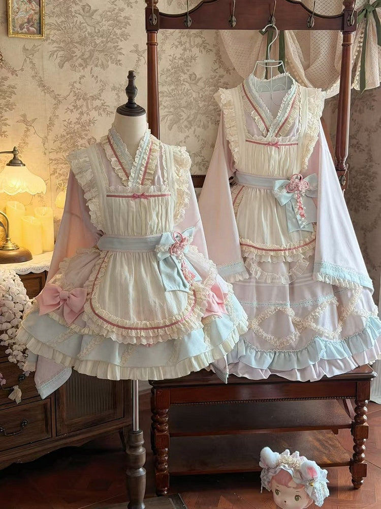 Hanfu-Inspired Lolita Top, Ruffle Mini Skirt & Apron Set in Pink Blue - Berry Story Lolita