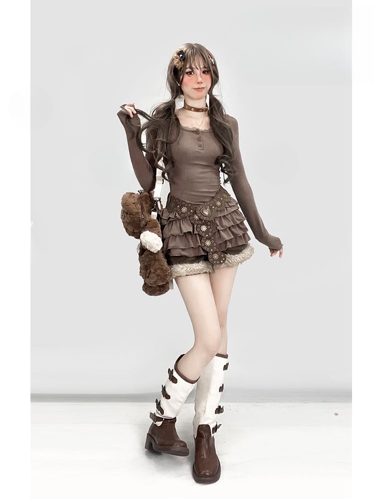 Glamouröses, schmal geschnittenes Mini-Stufenkleid im Vintage-Stil mit Rundhalsausschnitt und Spitzenbesatz in Braun