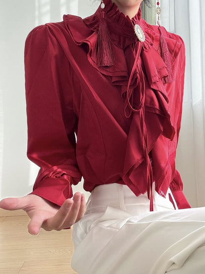 Red Blouse Jabot High-Collar Gothic with Prince Ruffled