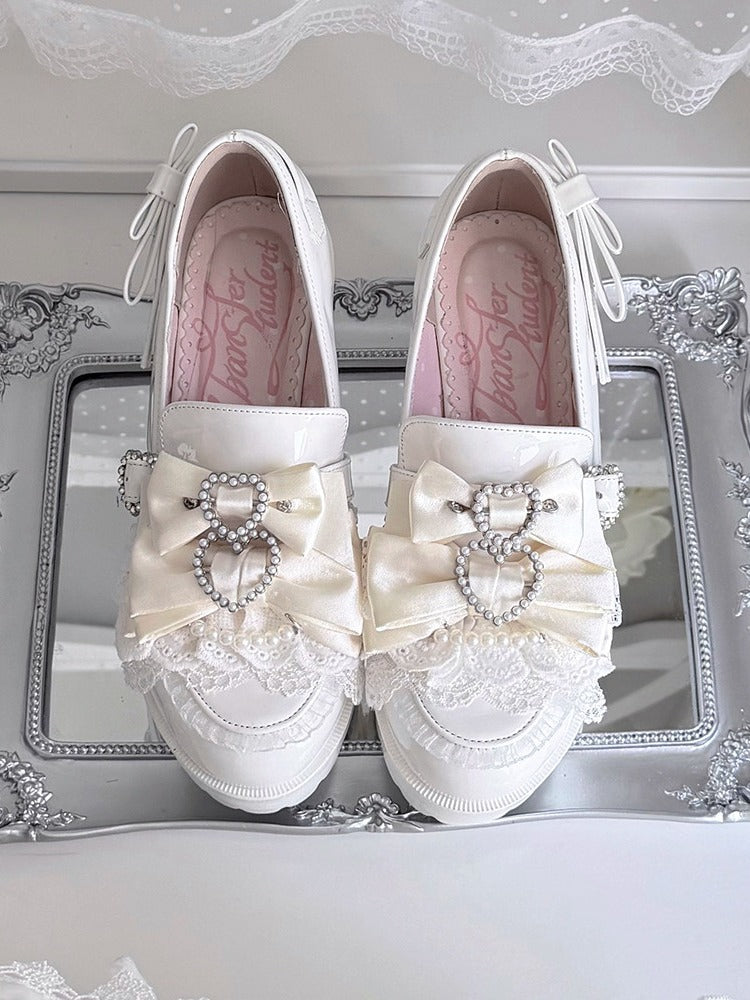 Jirai Kei Pearl Heart Bowknot White Lace Ruffle Shoes - Transfer Student