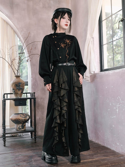 Black Stand Collar Long Sleeve Shirt with Asymmetric Placket, Mandala Embroidery and Tie Accents - Quirky Hut