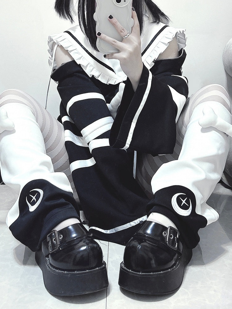 Black Detachable Zip-Shoulder with Collar and Dress Bone White Convertible Sailor Jirai Kei Accents