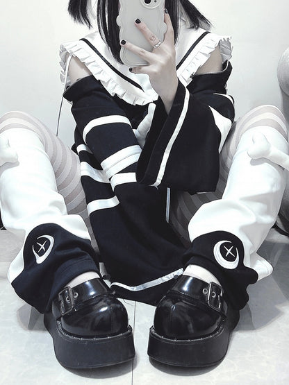 Black Detachable Zip-Shoulder with Collar and Dress Bone White Convertible Sailor Jirai Kei Accents