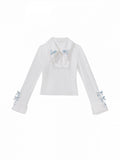 White Plush Long-Sleeved Winter Top with Bow Accents - Xiong Dou Jiang