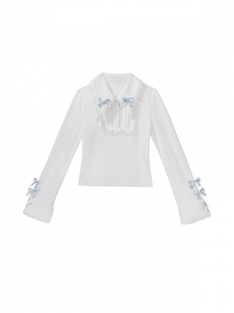 White Plush Long-Sleeved Winter Top with Bow Accents - Xiong Dou Jiang