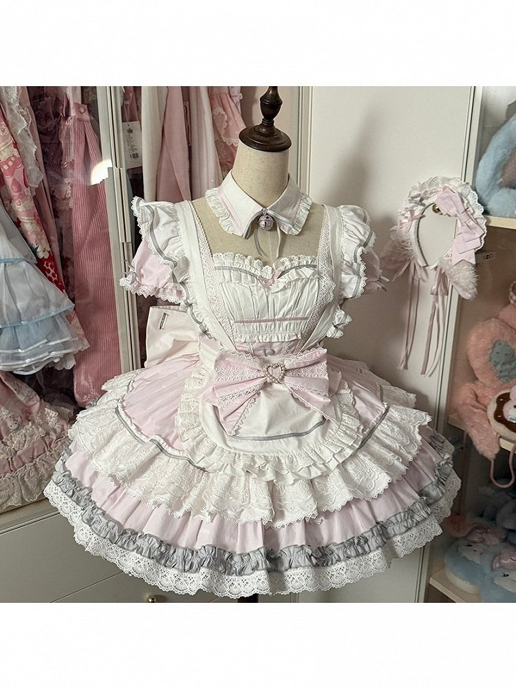 Maid Lolita Dress in Sweet Pink & White, Puff Sleeves, Flounced Skirt & Lace - Mewroco