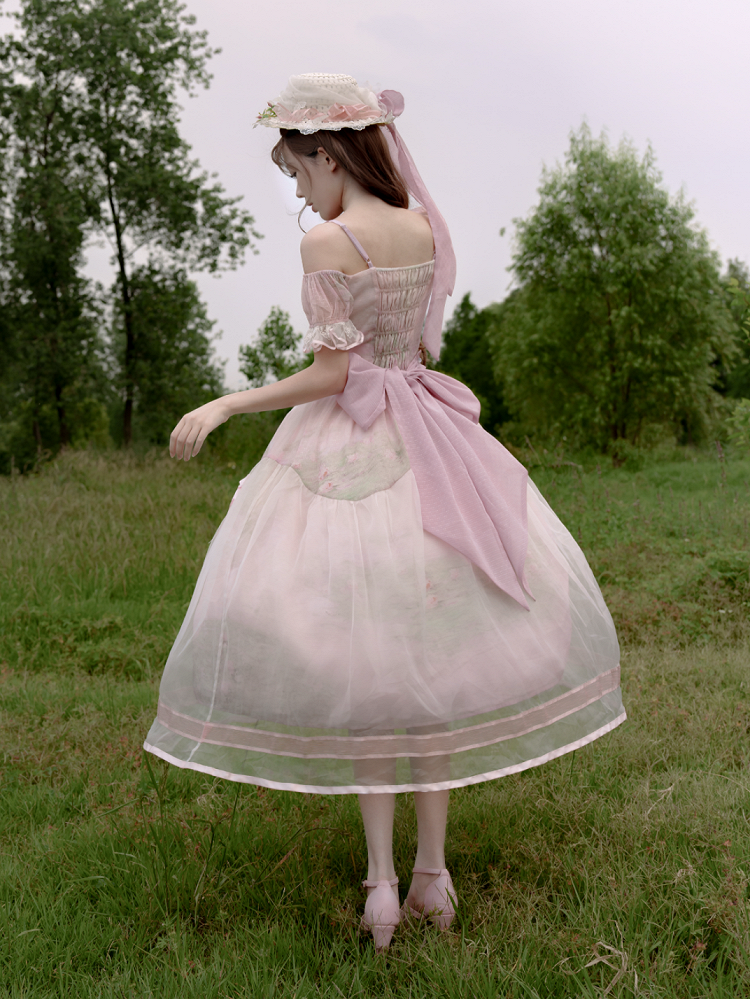 Painting Dress with Organza Overlay Oil Pink Water Lily Print Basque Waist Light