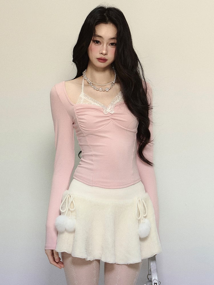 Rosa Spitzenoberteil mit Schmetterlingsausschnitt und Neckholder und langen Ärmeln