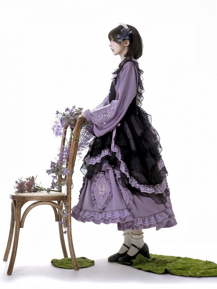 Zarte Schmetterling Schürze Lolita Kleid Schwarz Set Lila Han und Stickerei Voll Floral +