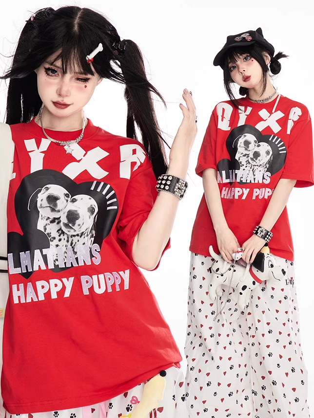 レッド クルーネック ダルメシアンプリント ヴィンテージTシャツ