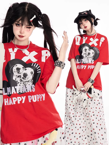 レッド クルーネック ダルメシアンプリント ヴィンテージTシャツ