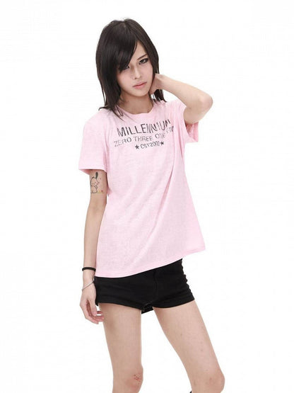 Pink Round Neck T-Shirt with Letter Print - DETW OnLine