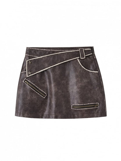 Zippers Flap Vintage Pockets Punk Coffee Skirt PU Asymmetrical Back with Mini