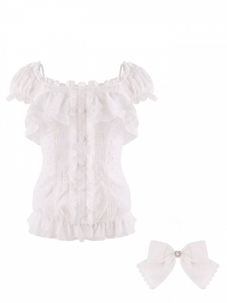 White Off Shoulder Short Sleeve Top with Rhinestone Bow Tie - serendipity