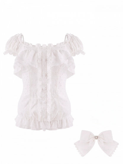 White Off Shoulder Short Sleeve Top with Rhinestone Bow Tie - serendipity