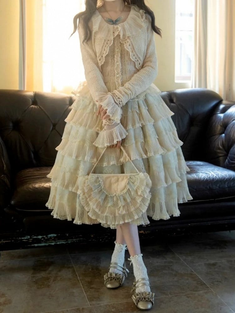 Details with Tulle Flower Multi-Layered Blue Lolita Beige Elegant Skirt Embroidery
