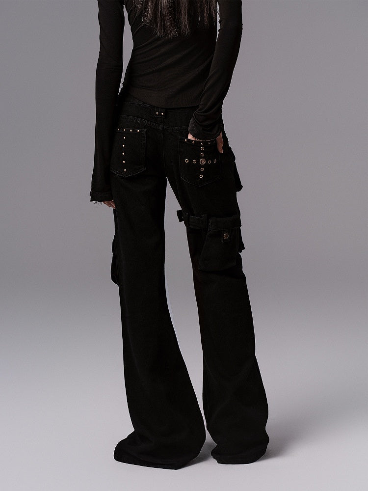 Pants - Vintage Silhouette Cargo Flare Pocket Detachable Black