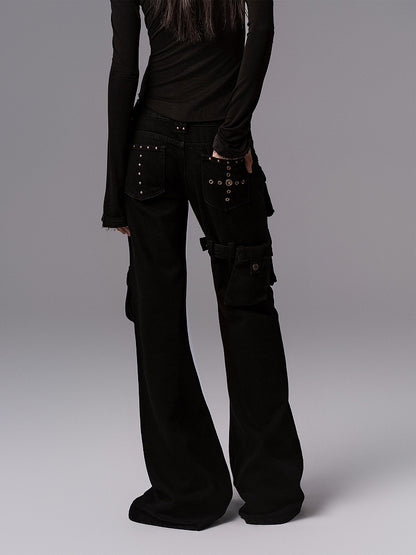 Pants - Vintage Silhouette Cargo Flare Pocket Detachable Black