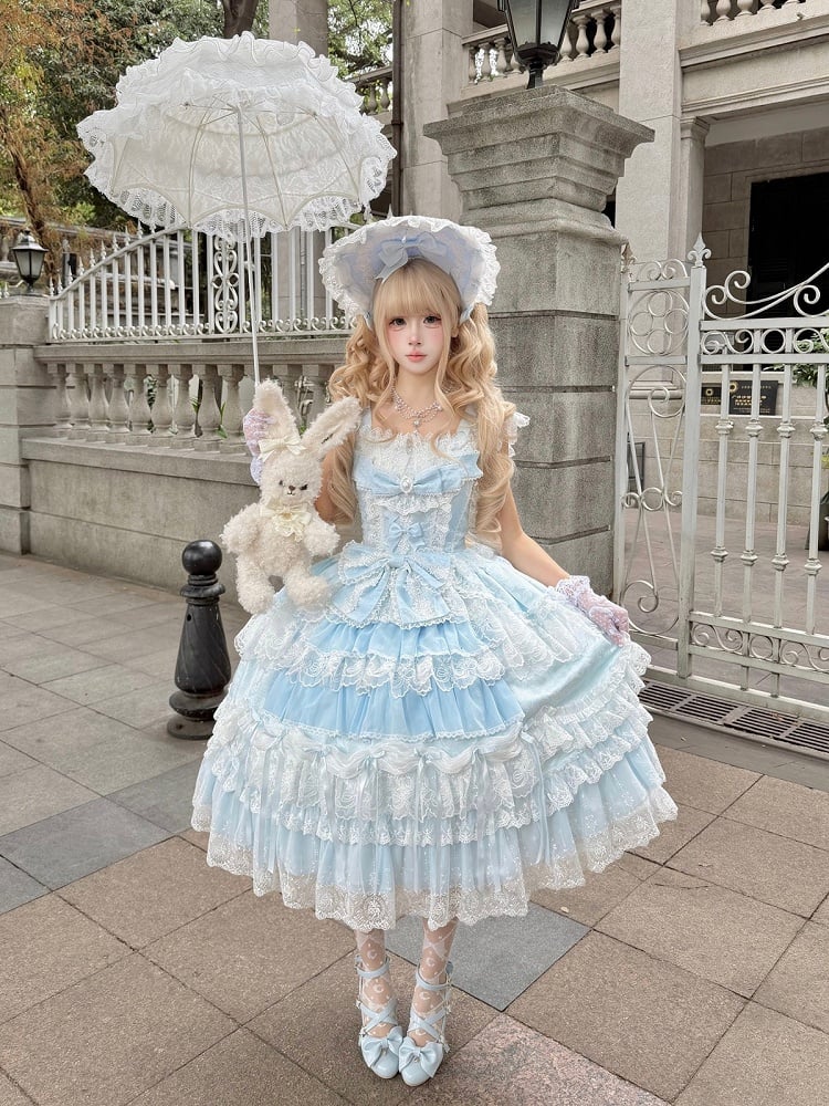 Blue Hanayome Lolita JSK with Bonnet & Full Set - White Sugar Girl
