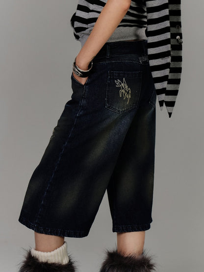 Buckle Distressed Jeans Blue Print Faded Wash Glamorous Belt with Cross