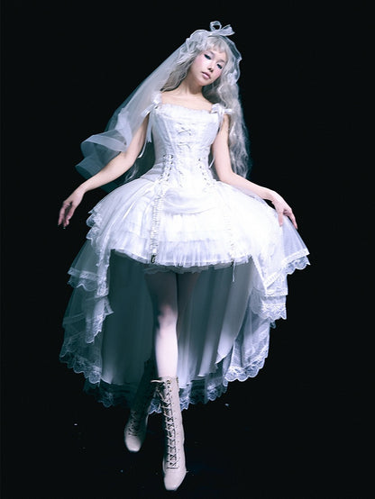 ホワイトのレースアップディテールのボーン入りコルセットトップ + ハイローレイヤードロリータスカート