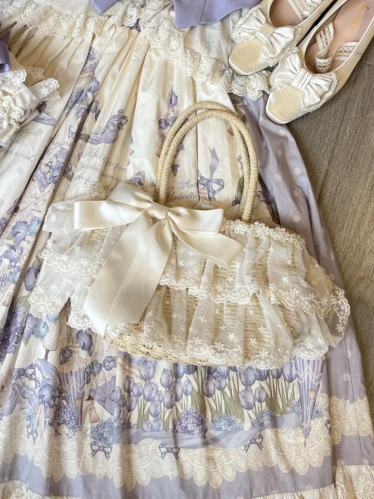 Lacework Bow Satin Handbag and Woven Beige