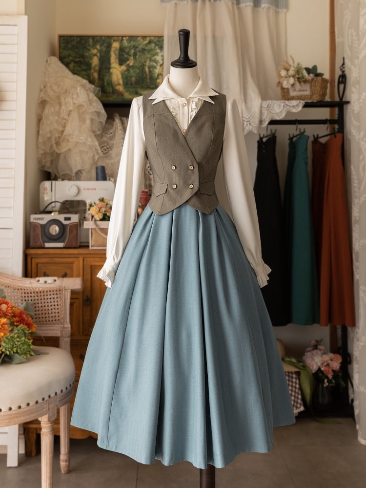 White Long-Sleeve Shirt with Double-Layered Pointed Collar