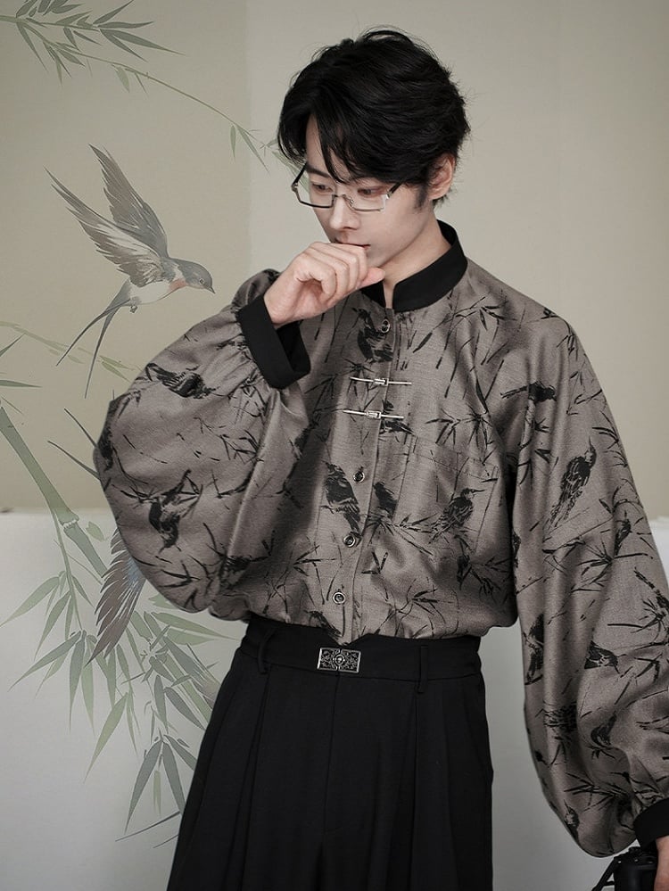 Banded Unisex with Blouse Sleeves Bamboo Pipa Grey Print Style Chinese Collar -
