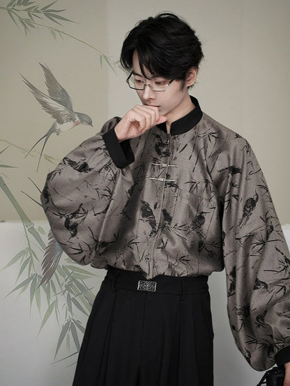 Banded Unisex with Blouse Sleeves Bamboo Pipa Grey Print Style Chinese Collar -