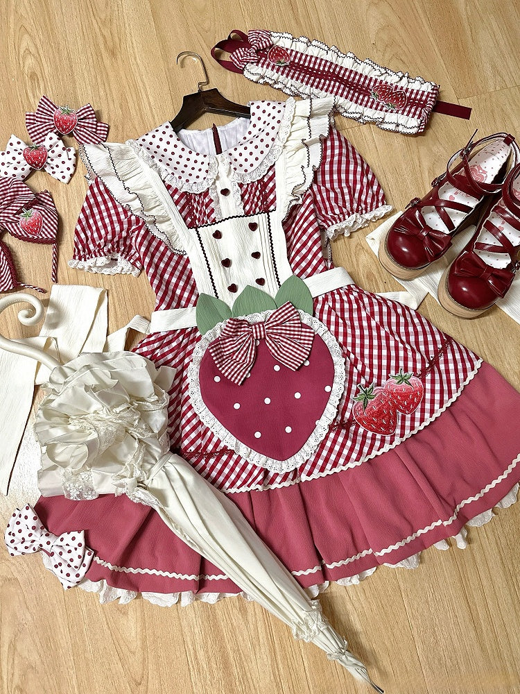 Kleid mit kariertem Lolita-Kragen, Peter-Muster, Erdbeer-Pfanne, süße rosa Schürze