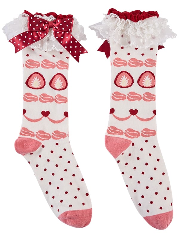 Pink / Red Strawberry and Polka Dots Pattern Socks