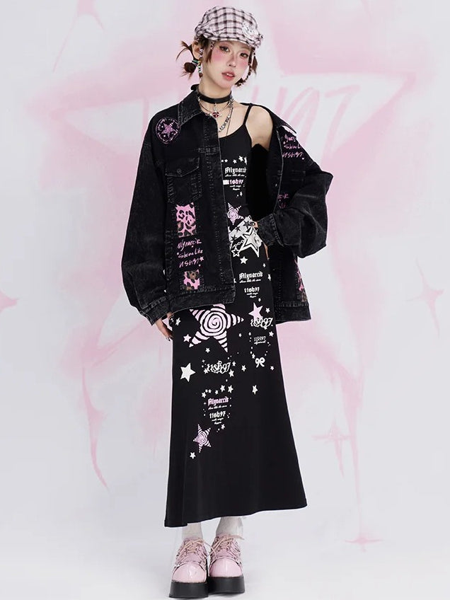 Black Y2K Stars Tea Length Cami Dress