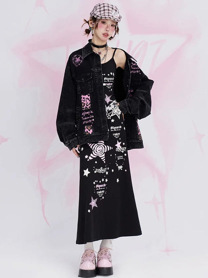 Black Y2K Stars Tea Length Cami Dress