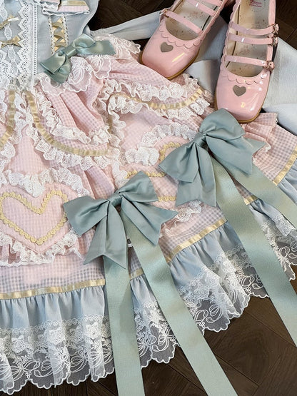 Mintgrünes Schleifen-Rosa und Blaues süßes Lolita-Korsettkleid mit Choker