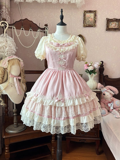 Sweet Lolita Dress Puff Sleeves Bowknot Light Details Pink OP Tiered Lace Trim