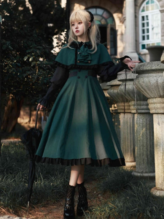 Dark Academia – Lolita-Kleid mit Hammelkeulenärmeln in Grün und Schwarz