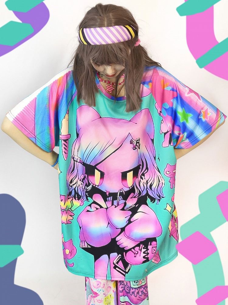 ギャルのカラフルな漫画のショートストライプファッションパターンプリントスリーブTシャツ