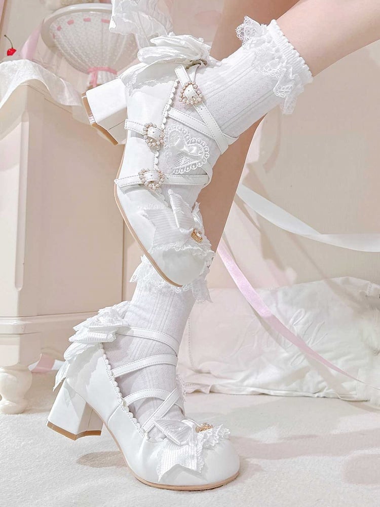 Lolita Crisscross Schnalle Heels 5CM Bowknot Design Details Herz Schuhe Block Weiß Straps Süße